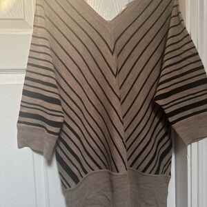 Sag Harbor Taupe and Black Striped V‑Neck Sweater